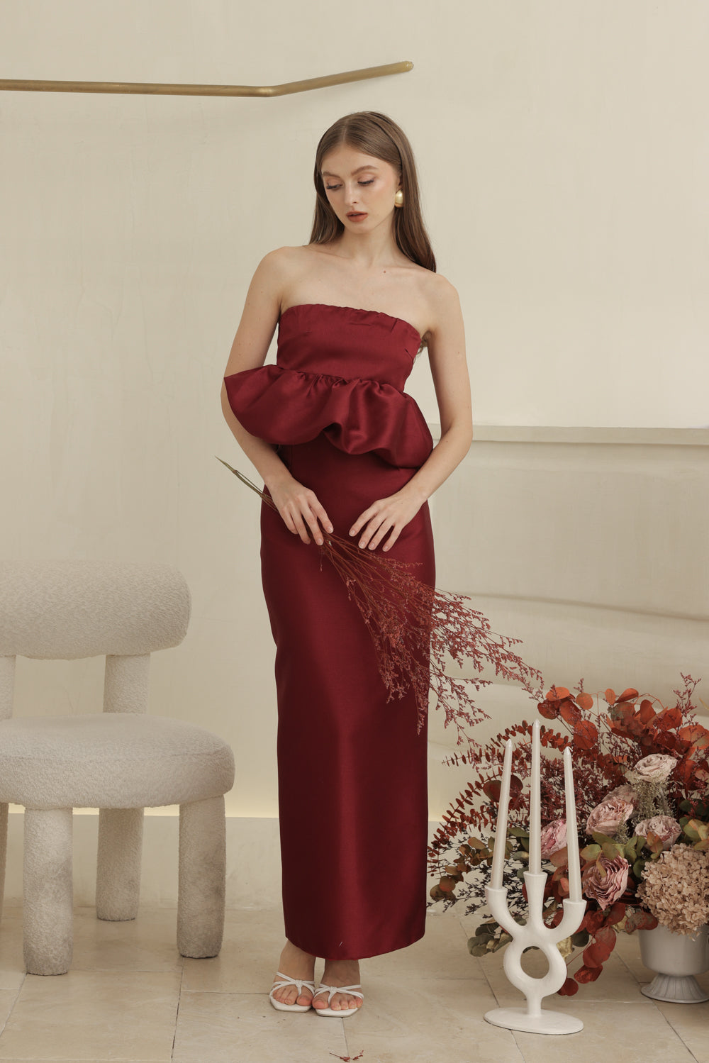 EMBER DRESS Strapless Peplum Top and Pencil  (Dark Maroon Gazaar)