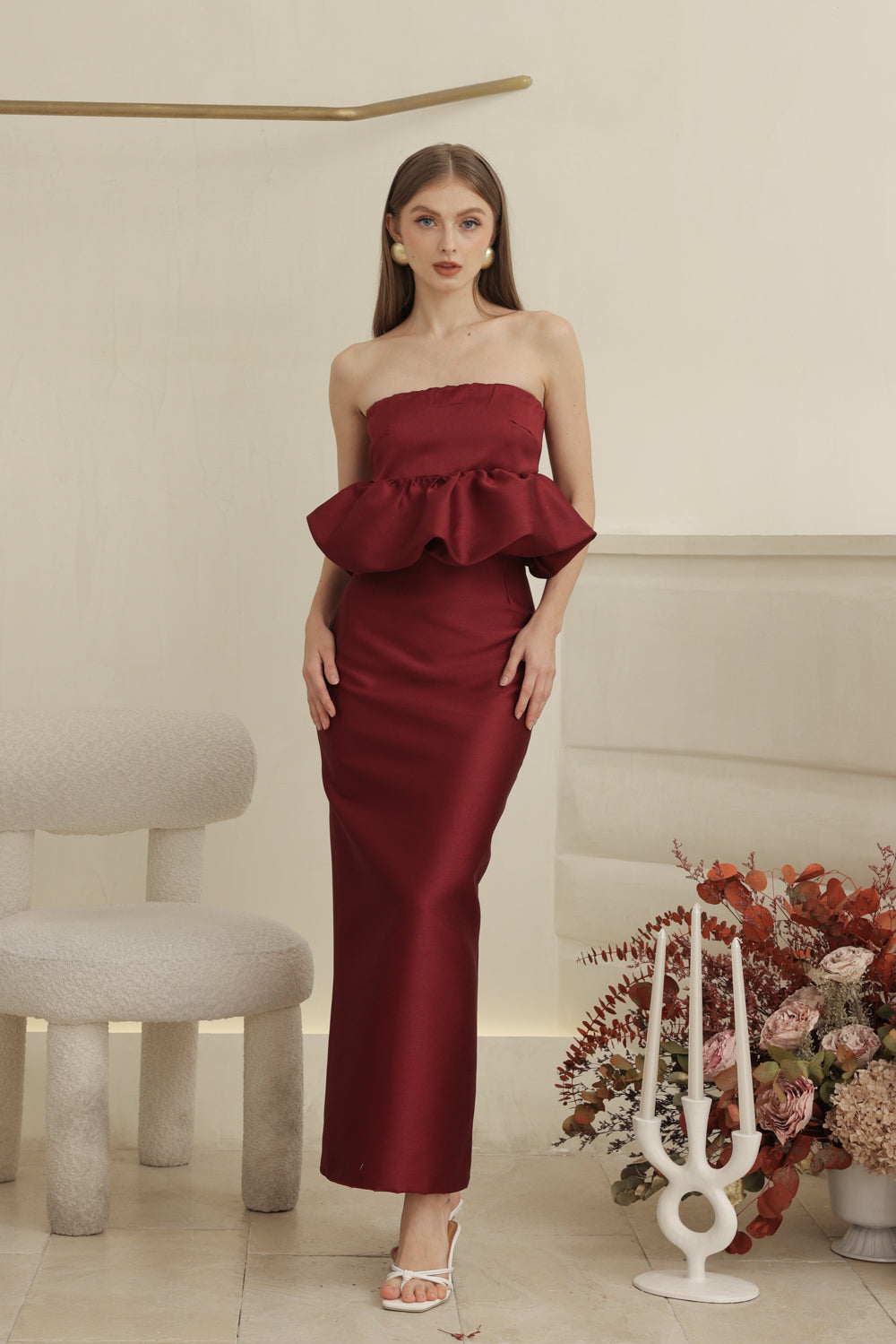 EMBER DRESS Strapless Peplum Top and Pencil  (Dark Maroon Gazaar)