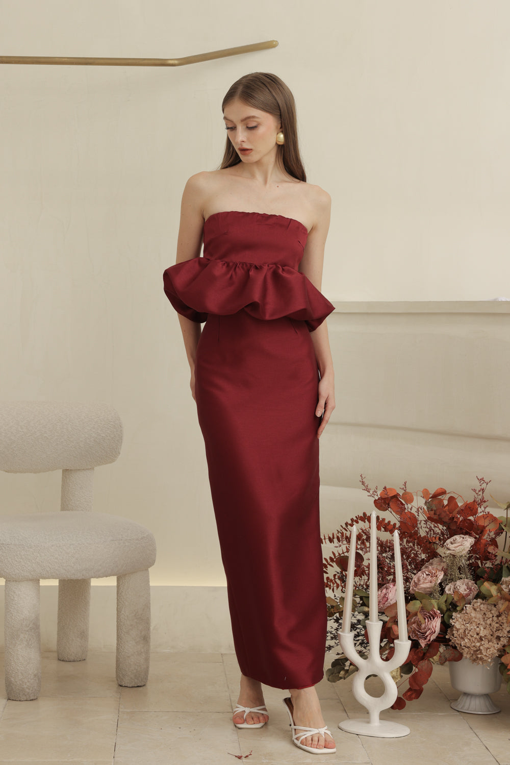EMBER DRESS Strapless Peplum Top and Pencil  (Dark Maroon Gazaar)