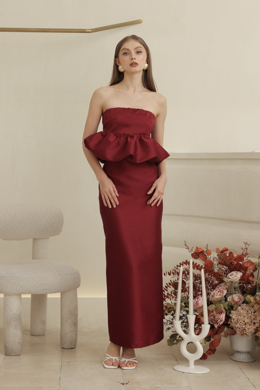 EMBER DRESS Strapless Peplum Top and Pencil  (Dark Maroon Gazaar)