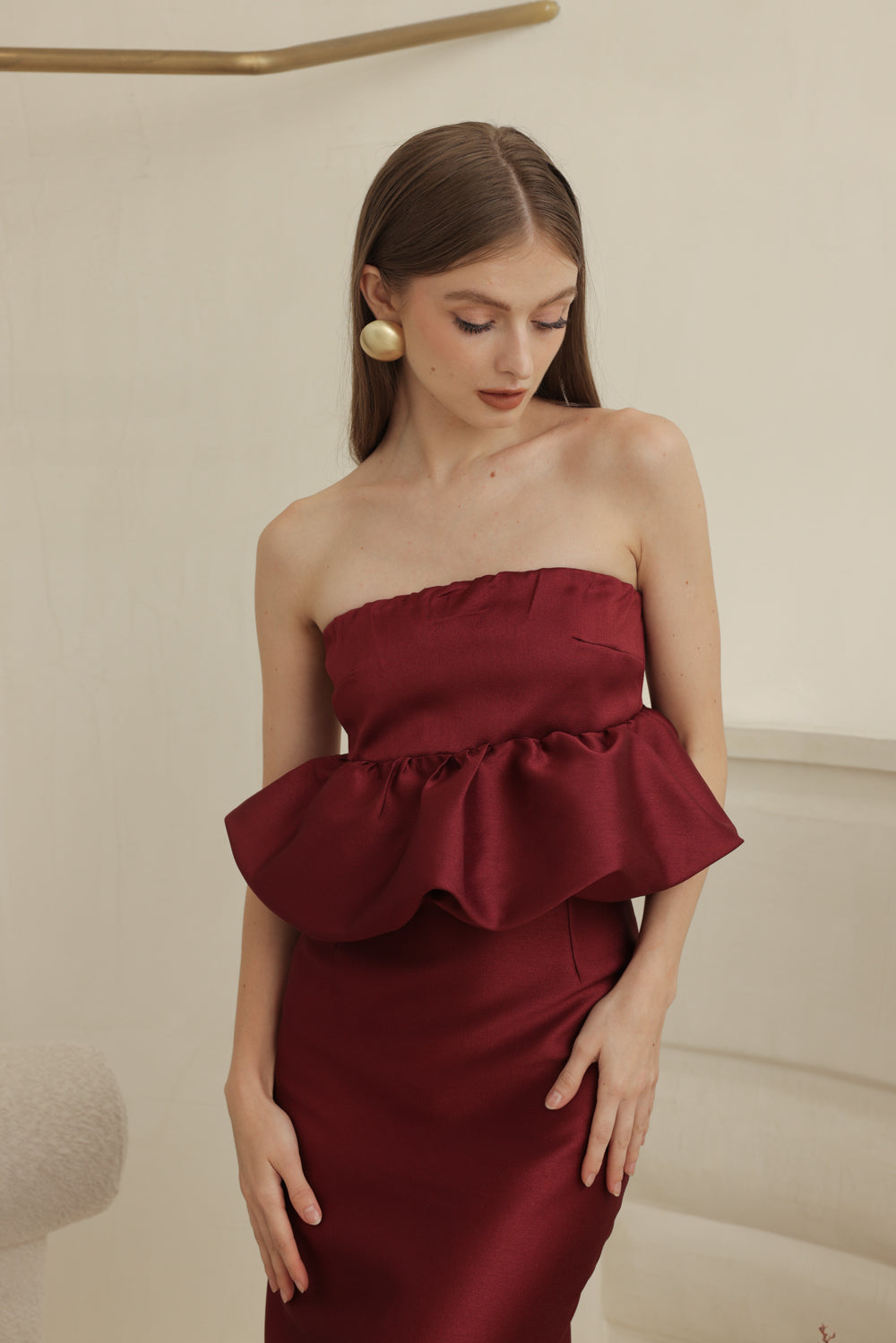 EMBER DRESS Strapless Peplum Top and Pencil  (Dark Maroon Gazaar)