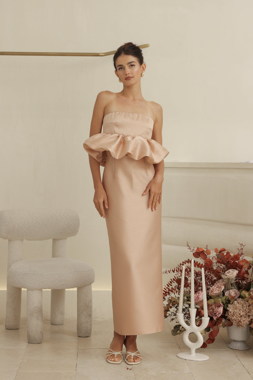 EMBER DRESS Strapless Peplum Top and Pencil  (Camel Gazaar)