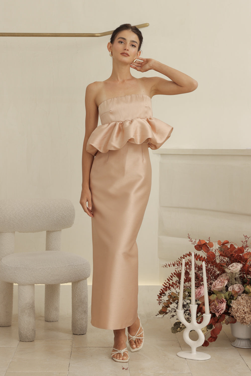 EMBER DRESS Strapless Peplum Top and Pencil  (Camel Gazaar)