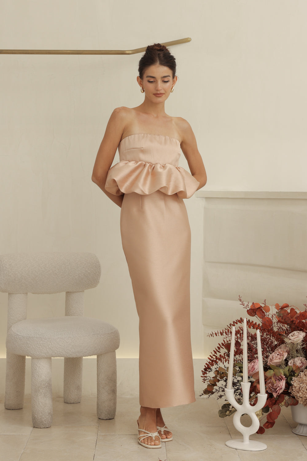 EMBER DRESS Strapless Peplum Top and Pencil  (Camel Gazaar)