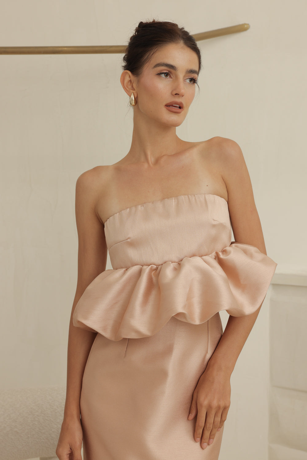 EMBER DRESS Strapless Peplum Top and Pencil  (Camel Gazaar)