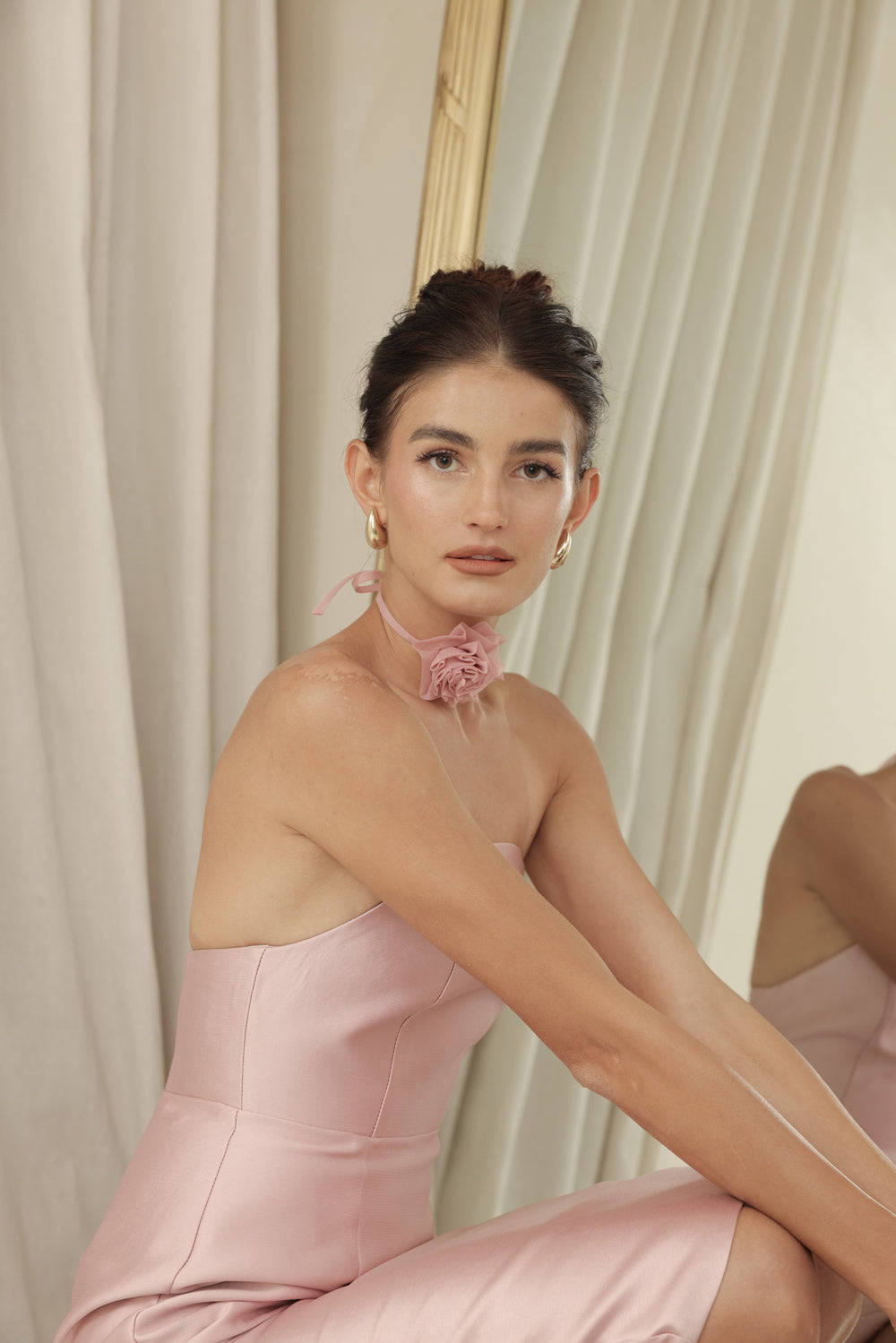 NANCY DRESS Curved Neckline Pencil Skirt Midi Dress with Floral Organdy Neckpiece (Old Rose Dupioni)