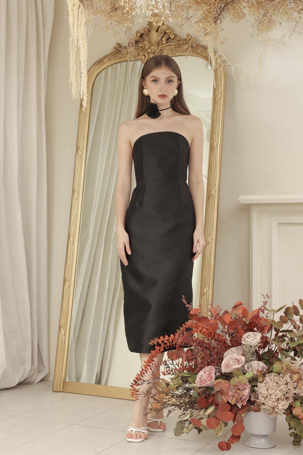 NANCY DRESS Curved Neckline Pencil Skirt Midi Dress with Floral Organdy Neckpiece (Black Dupioni)