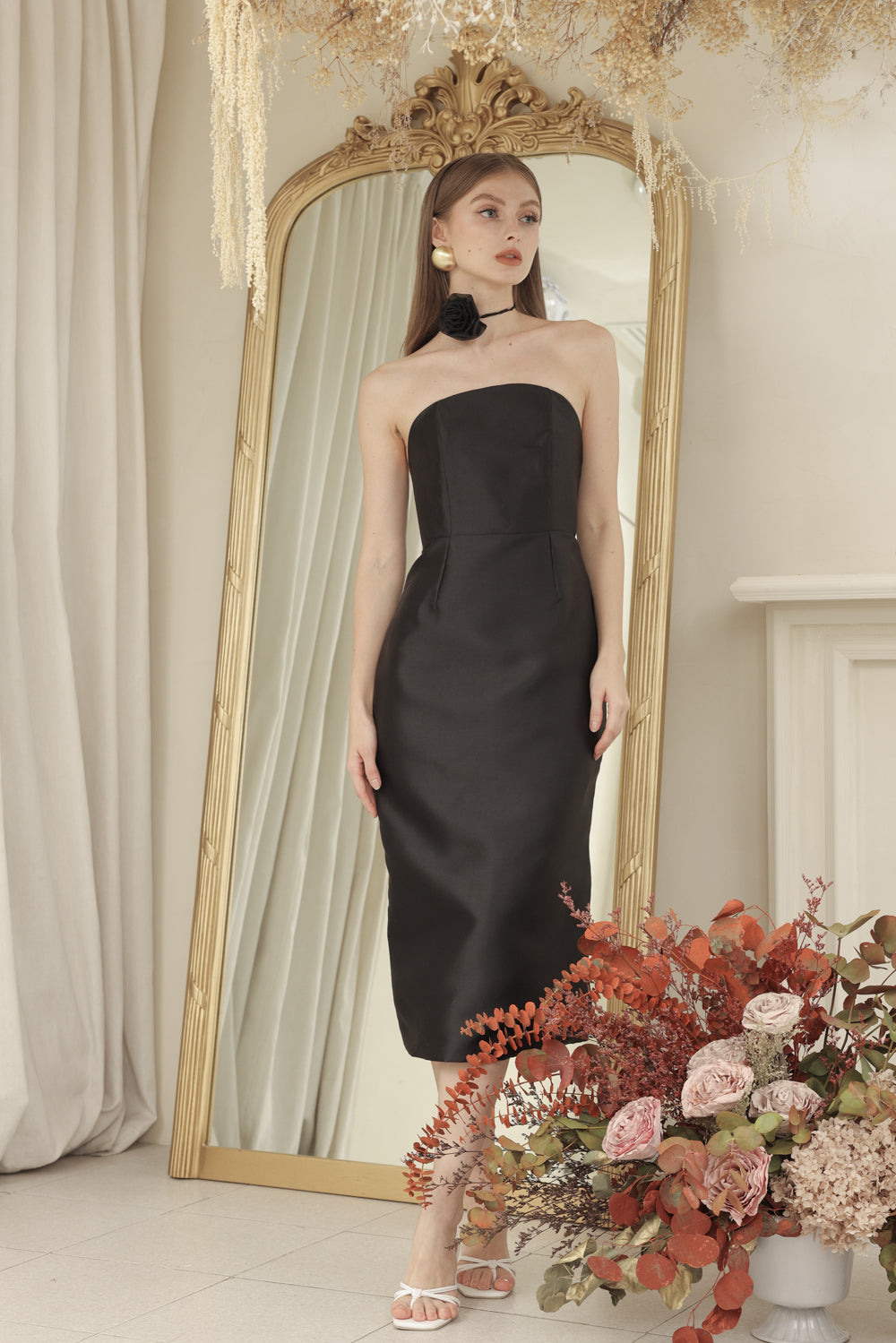 NANCY DRESS Curved Neckline Pencil Skirt Midi Dress with Floral Organdy Neckpiece (Black Dupioni)