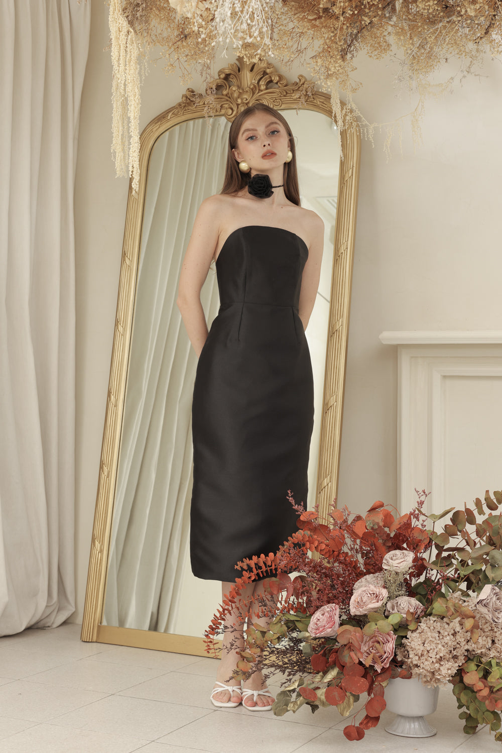 NANCY DRESS Curved Neckline Pencil Skirt Midi Dress with Floral Organdy Neckpiece (Black Dupioni)