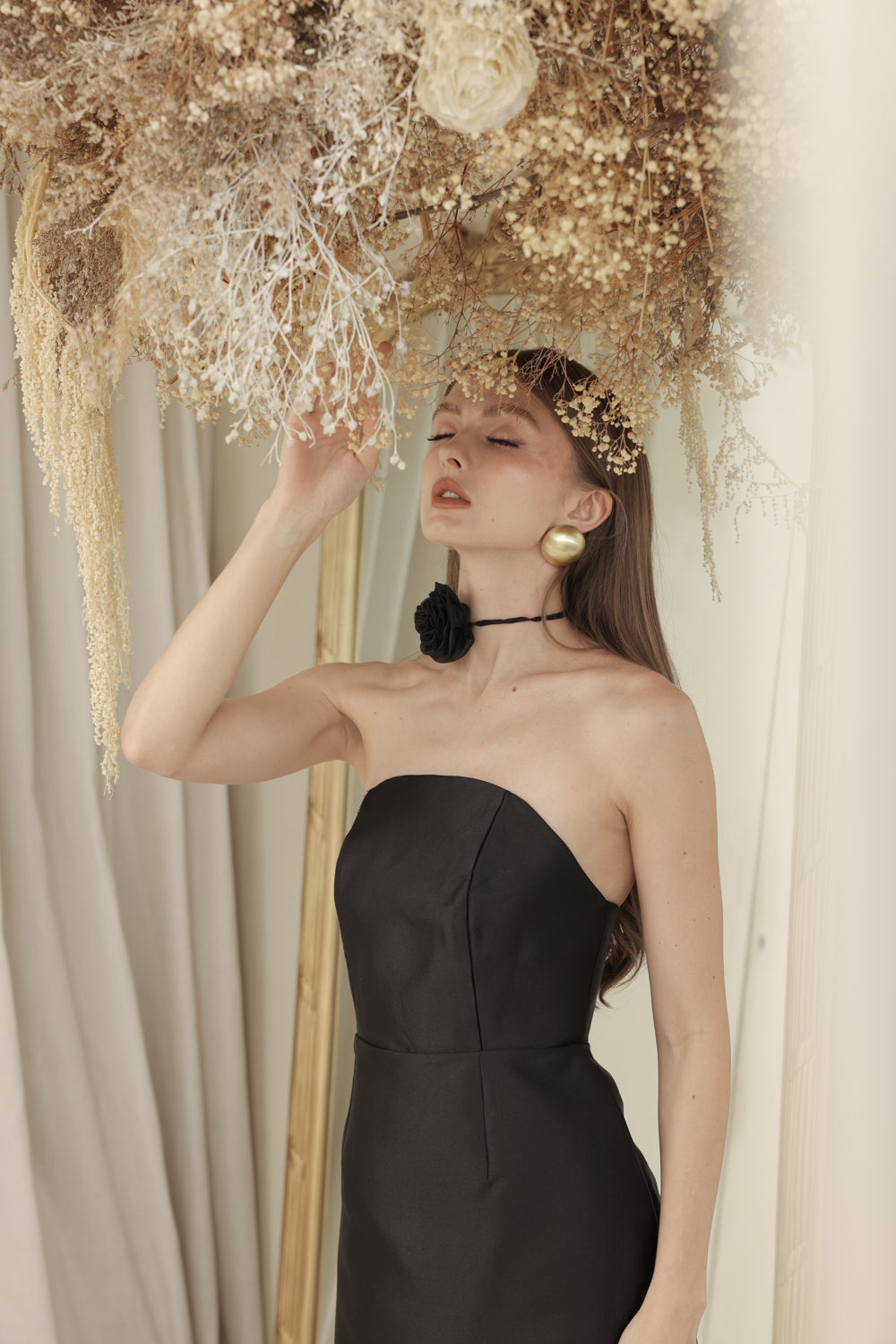 NANCY DRESS Curved Neckline Pencil Skirt Midi Dress with Floral Organdy Neckpiece (Black Dupioni)