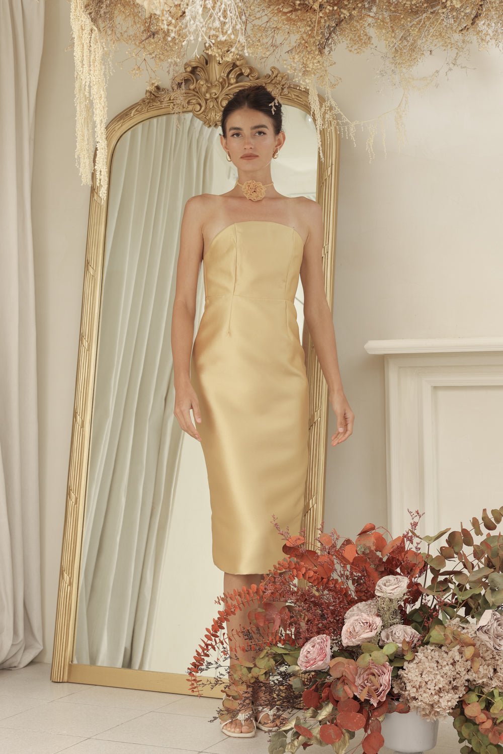 NANCY DRESS Curved Neckline Pencil Skirt Midi Dress with Floral Organdy Neckpiece (Yellow Dupioni)