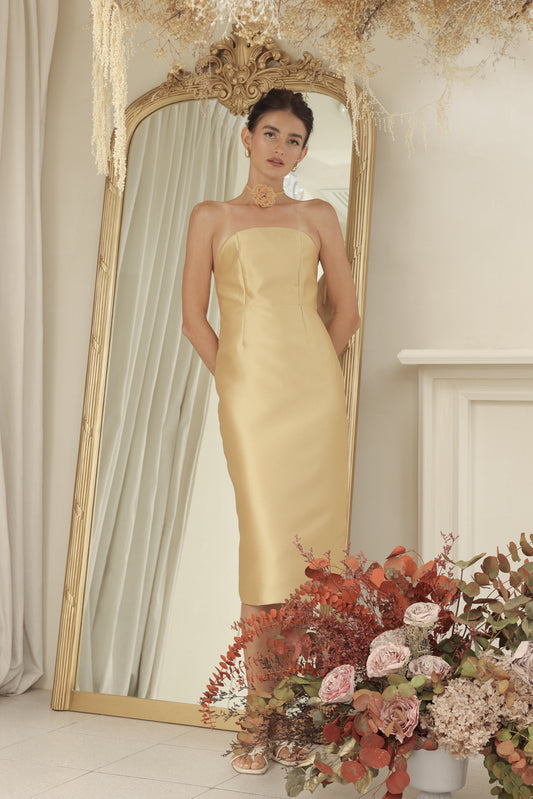 NANCY DRESS Curved Neckline Pencil Skirt Midi Dress with Floral Organdy Neckpiece (Yellow Dupioni)