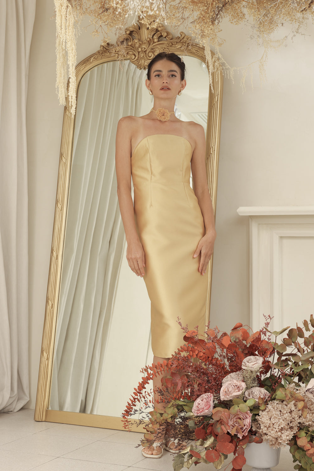 NANCY DRESS Curved Neckline Pencil Skirt Midi Dress with Floral Organdy Neckpiece (Yellow Dupioni)