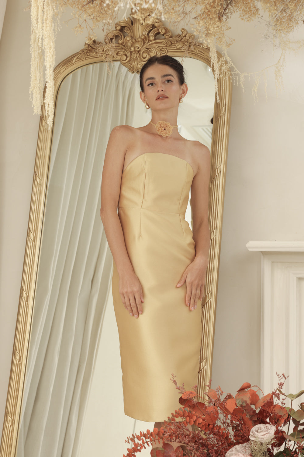 NANCY DRESS Curved Neckline Pencil Skirt Midi Dress with Floral Organdy Neckpiece (Yellow Dupioni)