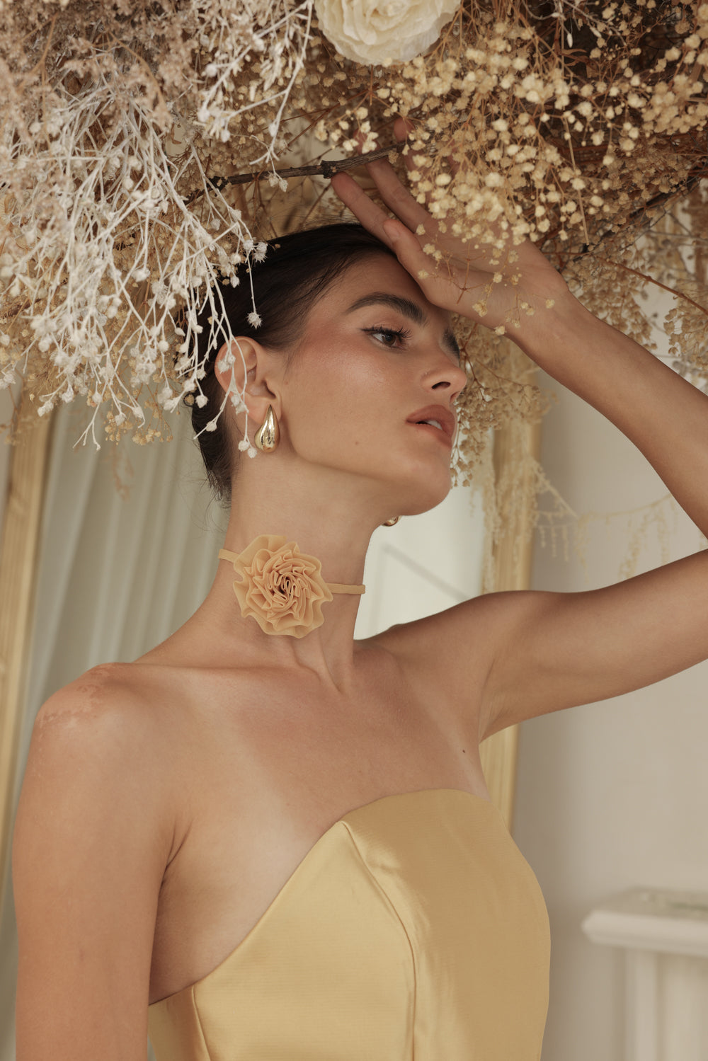 NANCY DRESS Curved Neckline Pencil Skirt Midi Dress with Floral Organdy Neckpiece (Yellow Dupioni)