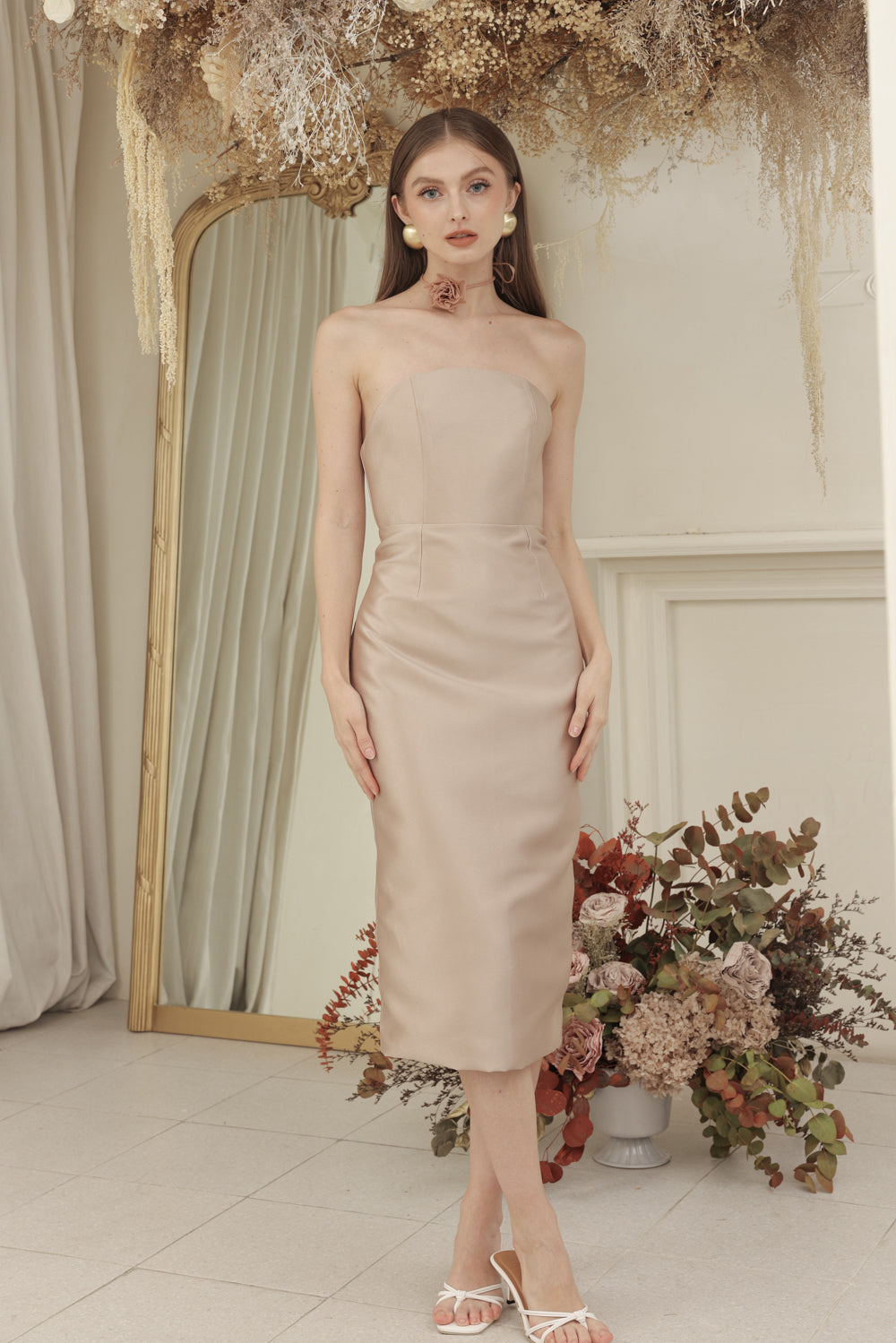 NANCY DRESS Curved Neckline Pencil Skirt Midi Dress with Floral Organdy Neckpiece (Tan Dupioni)