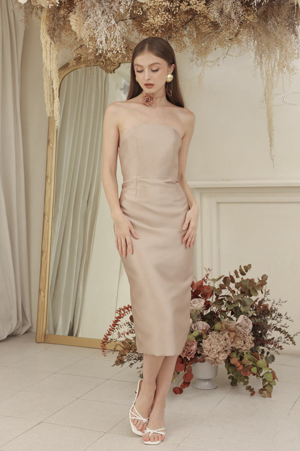 NANCY DRESS Curved Neckline Pencil Skirt Midi Dress with Floral Organdy Neckpiece (Tan Dupioni)