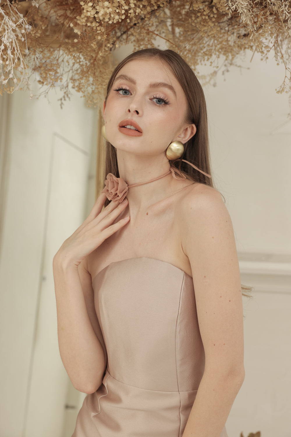 NANCY DRESS Curved Neckline Pencil Skirt Midi Dress with Floral Organdy Neckpiece (Tan Dupioni)