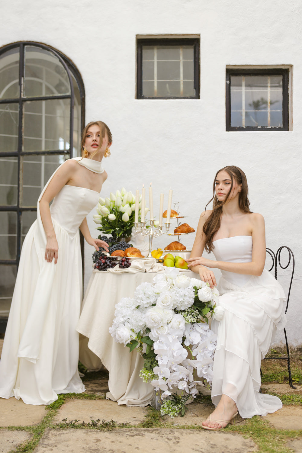 CLEO Strapless Drop Waist Maxi with Covered Button Back Detail and Sash Neckpiece (White Korean Silk) SAME DAY DELIVERY - SMALL