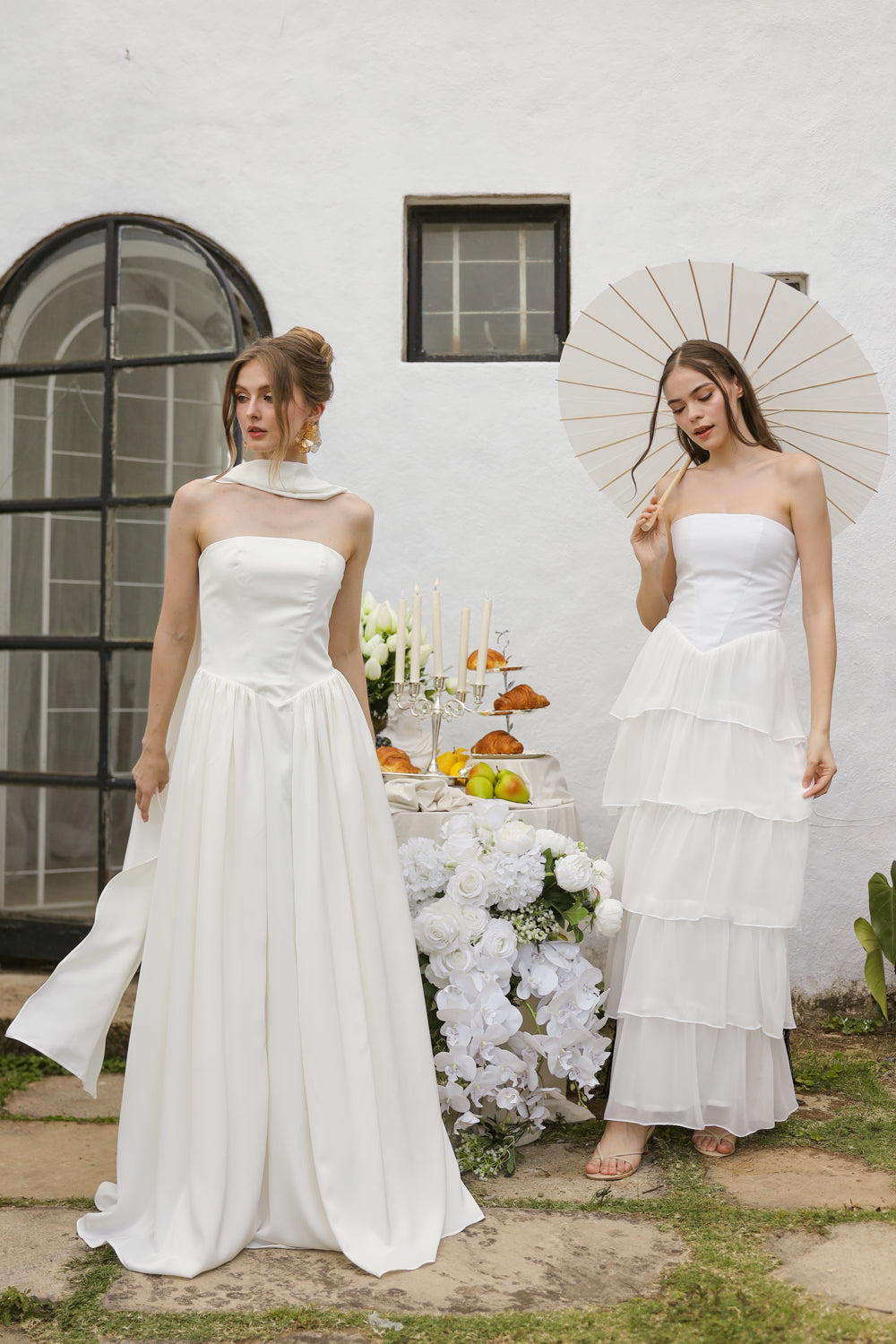 AURORA Strapless Drop Waist Maxi Dress with Layered Skirt (Ivory White Chiffon)