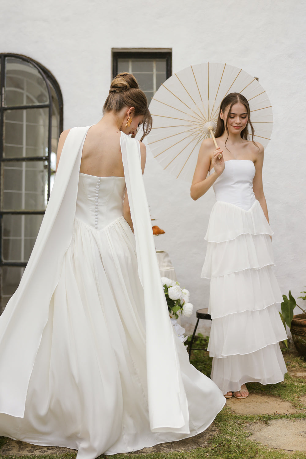 CLEO Strapless Drop Waist Maxi with Covered Button Back Detail and Sash Neckpiece (White Korean Silk) SAME DAY DELIVERY - SMALL