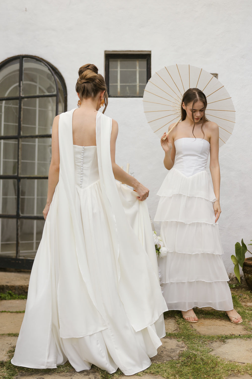 CLEO Strapless Drop Waist Maxi with Covered Button Back Detail and Sash Neckpiece (White Korean Silk) SAME DAY DELIVERY - SMALL