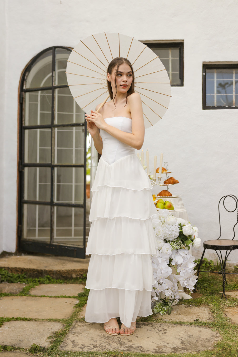 AURORA Strapless Drop Waist Maxi Dress with Layered Skirt (Ivory White Chiffon)
