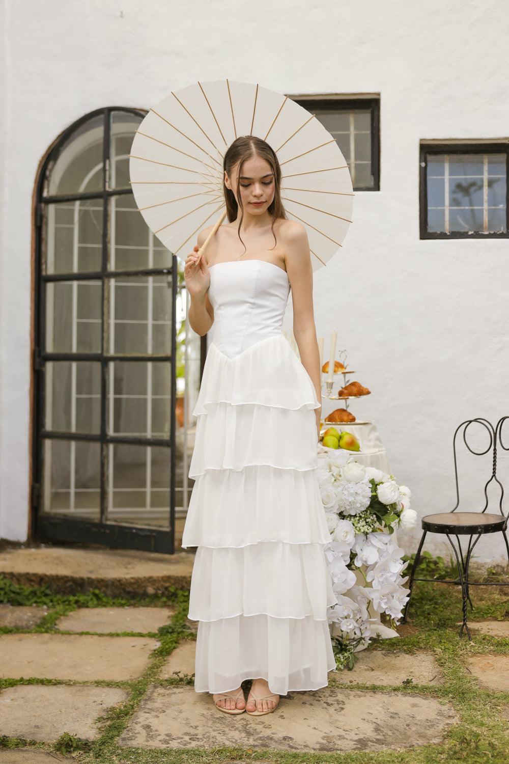 AURORA Strapless Drop Waist Maxi Dress with Layered Skirt (Ivory White Chiffon)