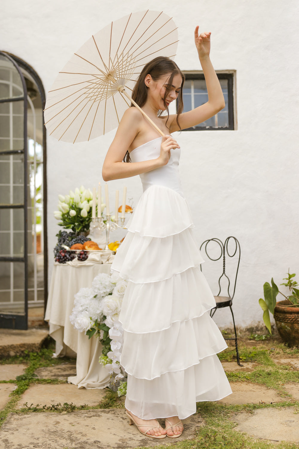 AURORA Strapless Drop Waist Maxi Dress with Layered Skirt (Ivory White Chiffon)