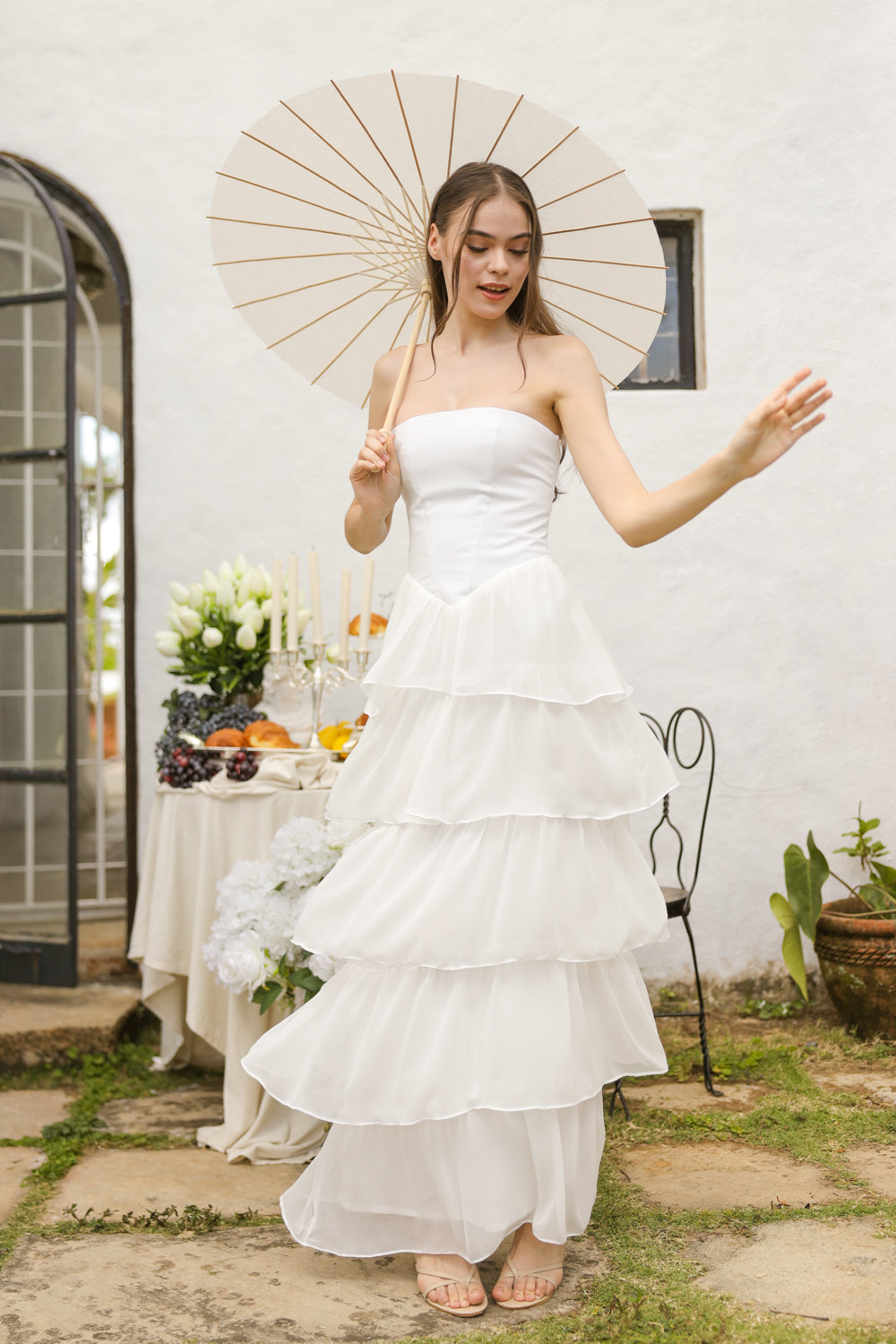 AURORA Strapless Drop Waist Maxi Dress with Layered Skirt (Ivory White Chiffon)