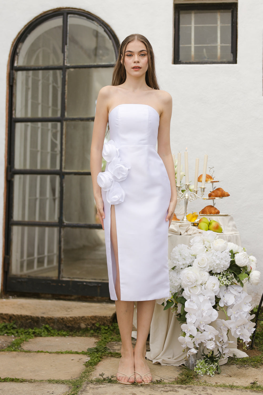 ZAIRA Curve Neckline Midi Dress with Tie Back and Floral Detail on Slit (White Gazaar) SAME DAY DELIVERY - LARGE