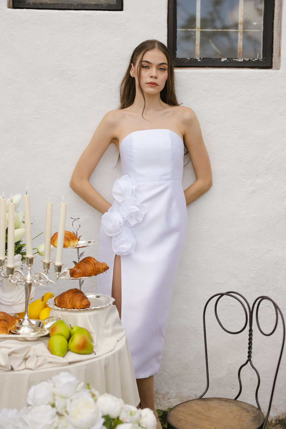 ZAIRA Curve Neckline Midi Dress with Tie Back and Floral Detail on Slit (White Gazaar) SAME DAY DELIVERY - LARGE