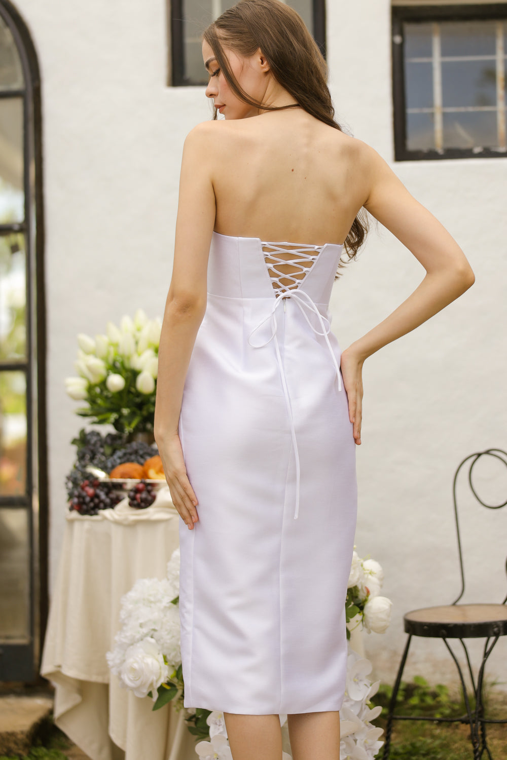 ZAIRA Curve Neckline Midi Dress with Tie Back and Floral Detail on Slit (White Gazaar) SAME DAY DELIVERY - LARGE