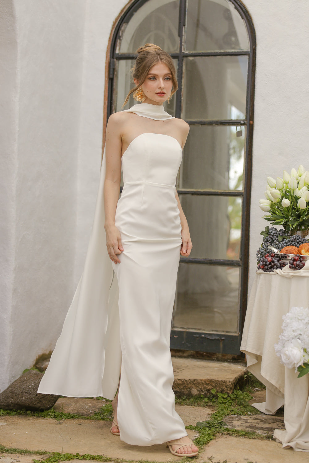 AMARA Curve Neckline Straight Cut Maxi with Sash Neckpiece (White Korean Silk)