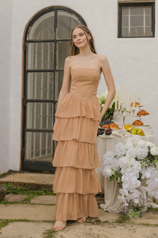 AURORA Strapless Drop Waist Maxi Dress with Layered Skirt (Nude Chiffon)