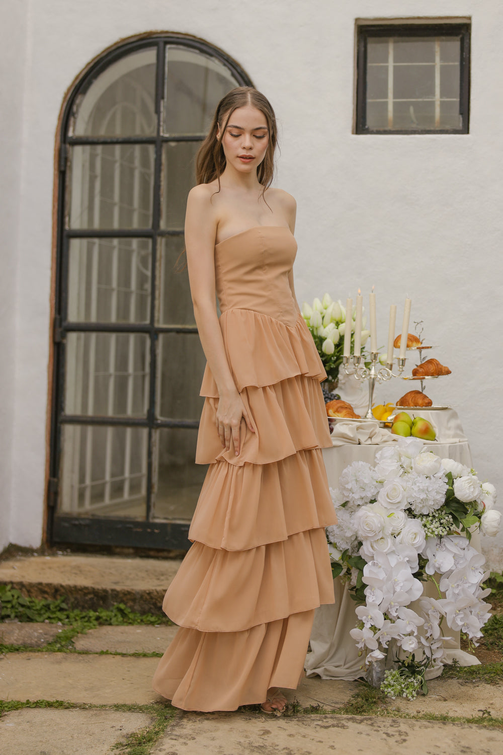 AURORA Strapless Drop Waist Maxi Dress with Layered Skirt (Nude Chiffon)