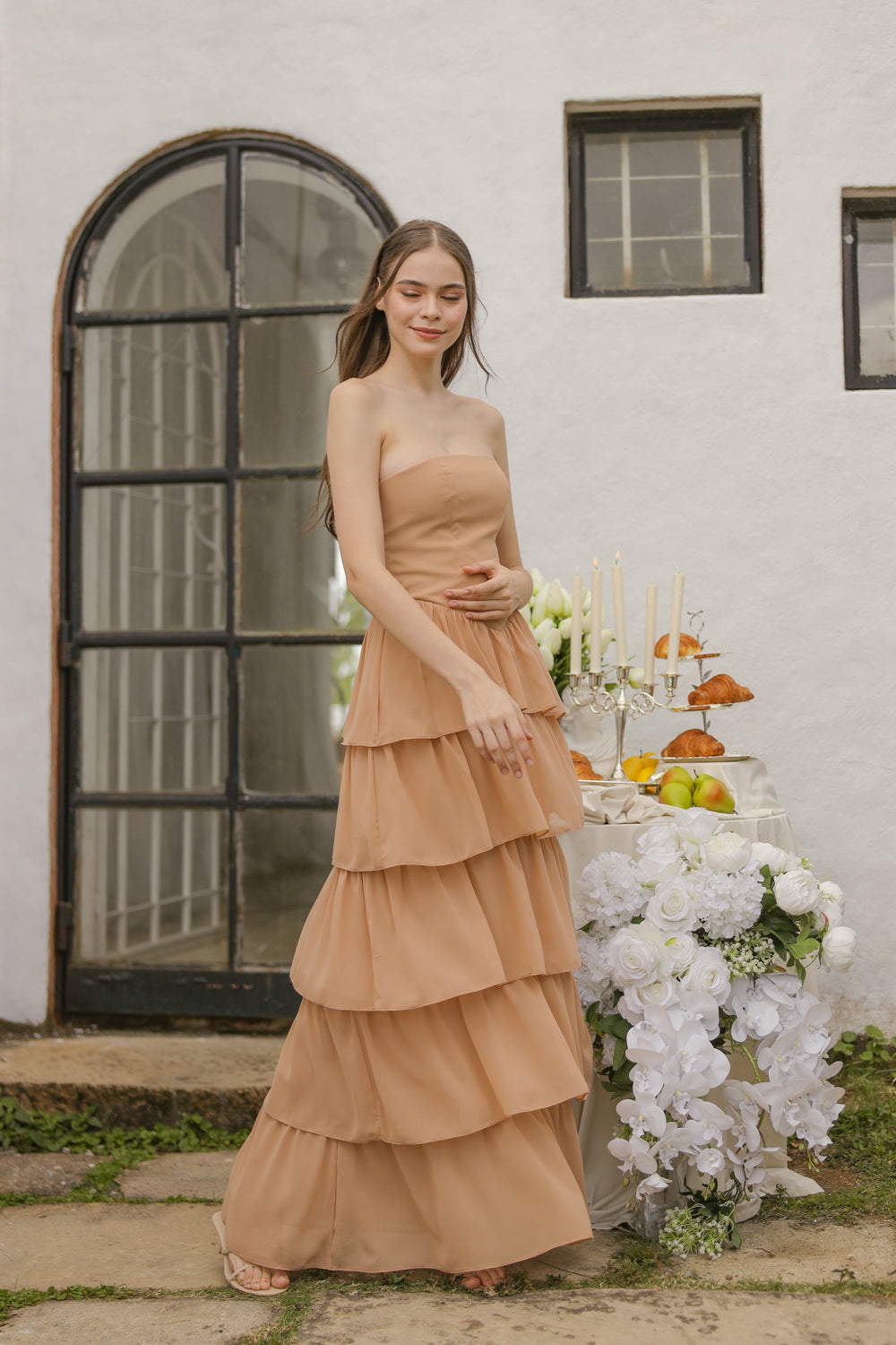 AURORA Strapless Drop Waist Maxi Dress with Layered Skirt (Nude Chiffon)
