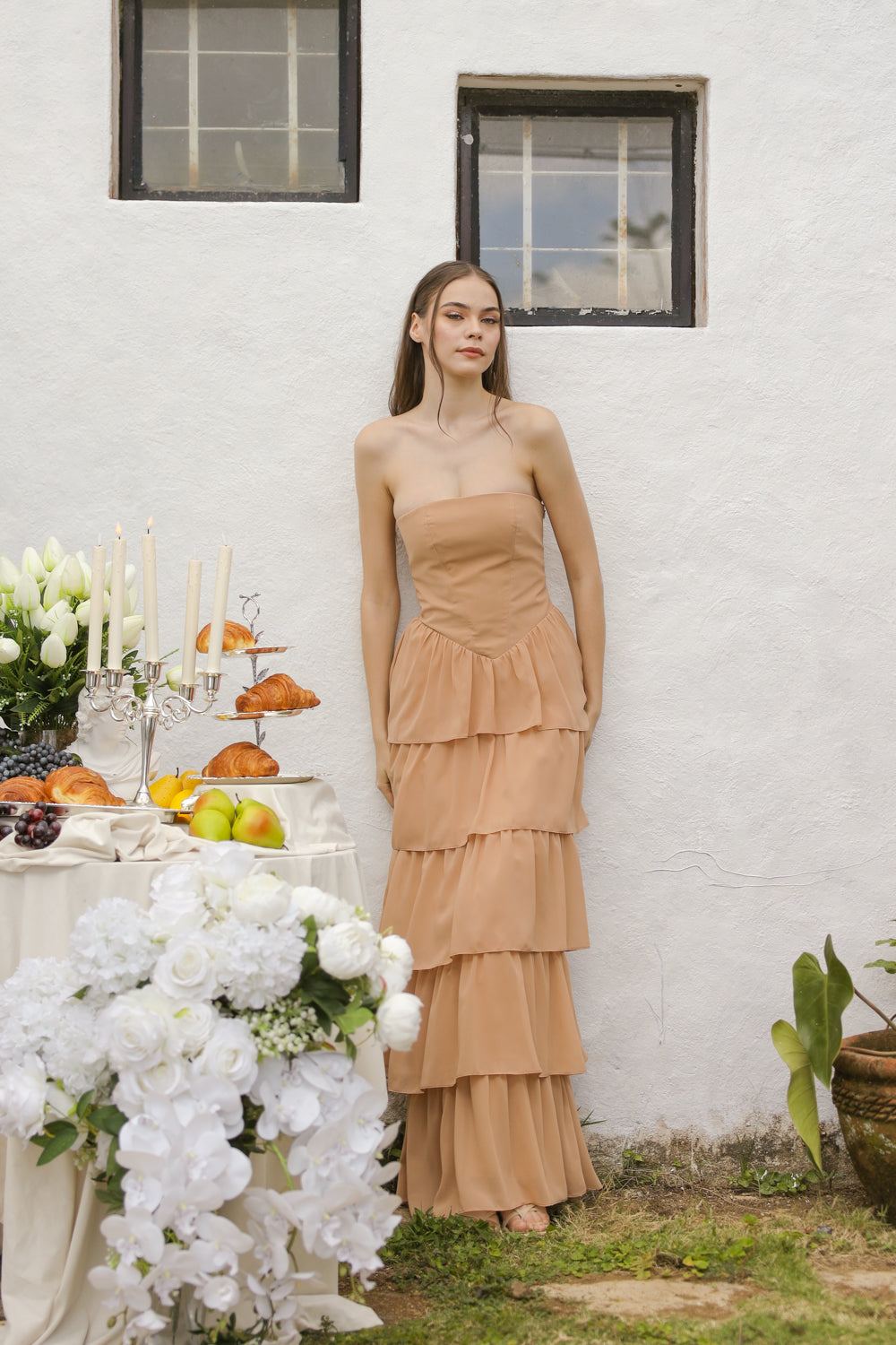 AURORA Strapless Drop Waist Maxi Dress with Layered Skirt (Nude Chiffon)