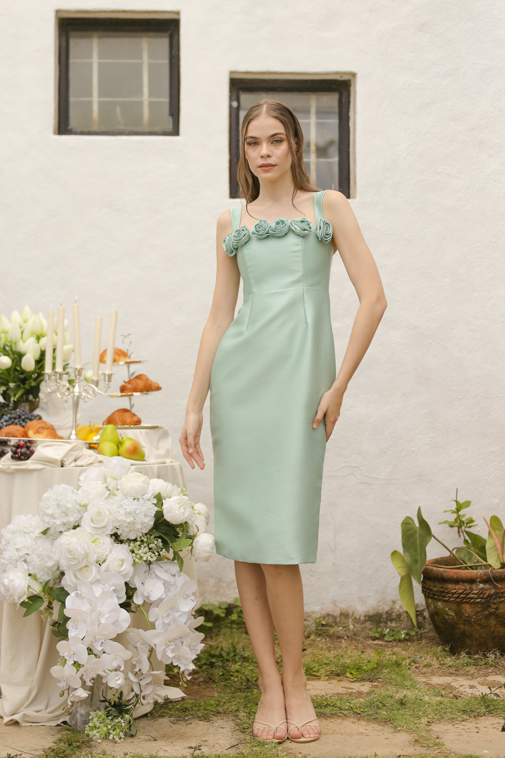 Giselle Strappy Pencil Cut Midi Dress with Flowers on Neckline (Sage Green Gazaar) SAME DAY DELIVERY - SMALL