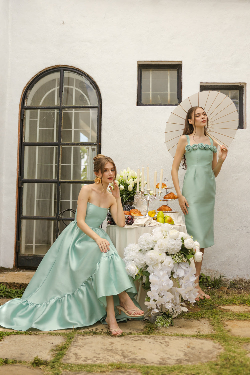 Giselle Strappy Pencil Cut Midi Dress with Flowers on Neckline (Sage Green Gazaar) SAME DAY DELIVERY - SMALL