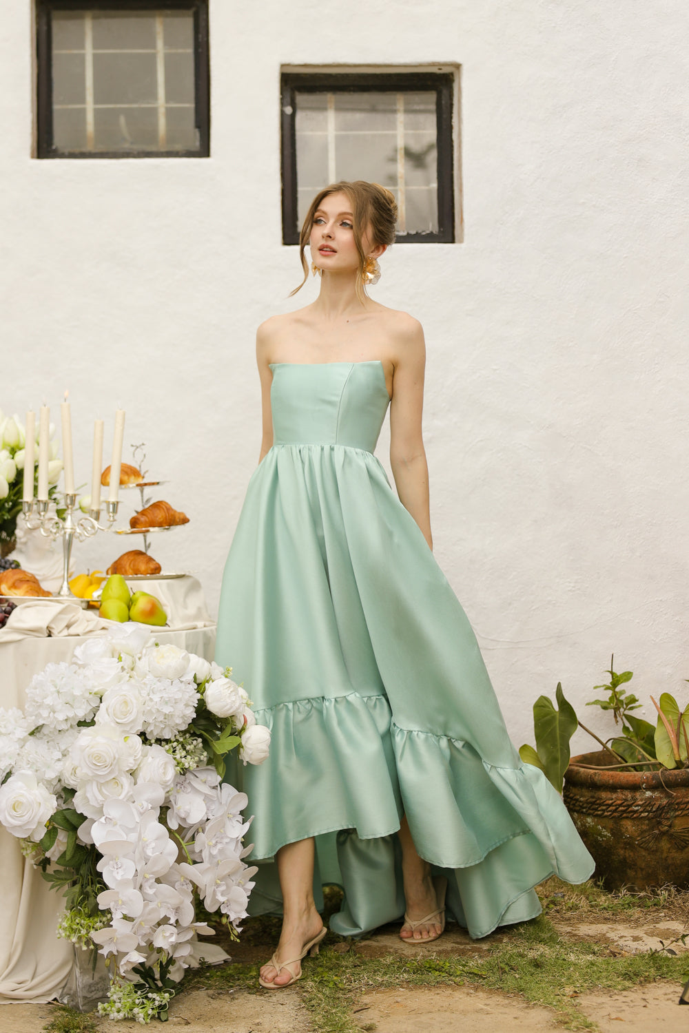 MADELEINE Strapless High Low Gown with Ruffle Hem (Sage Green Gazaar)