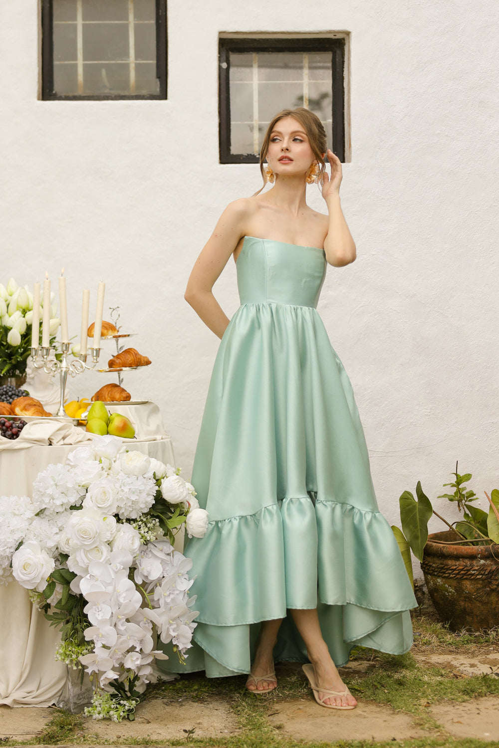 MADELEINE Strapless High Low Gown with Ruffle Hem (Sage Green Gazaar)