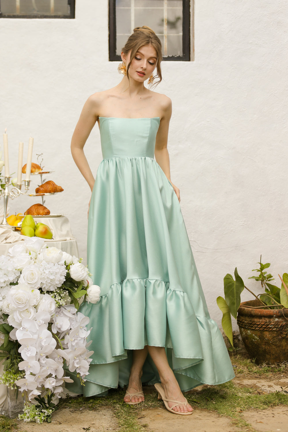 MADELEINE Strapless High Low Gown with Ruffle Hem (Sage Green Gazaar)