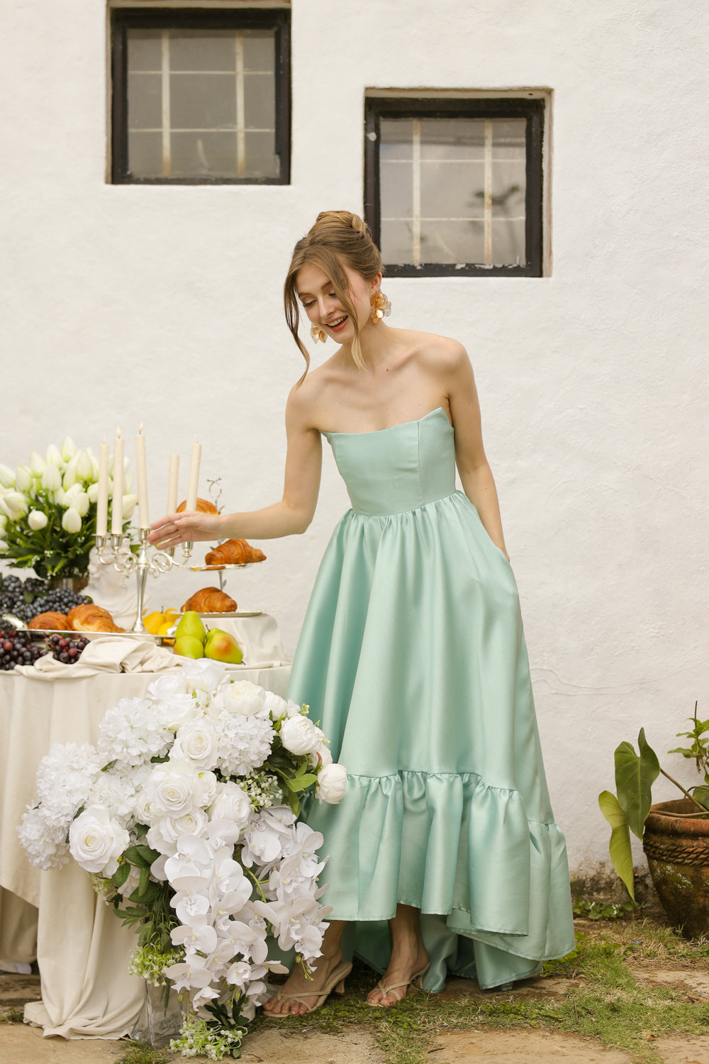MADELEINE Strapless High Low Gown with Ruffle Hem (Sage Green Gazaar)