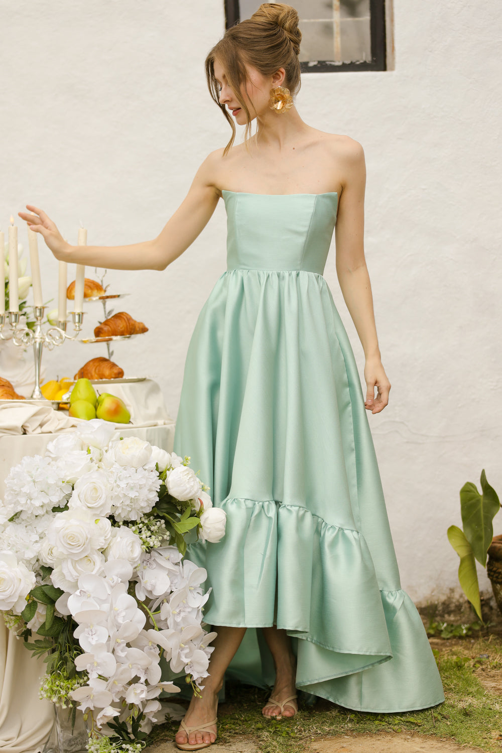 MADELEINE Strapless High Low Gown with Ruffle Hem (Sage Green Gazaar)