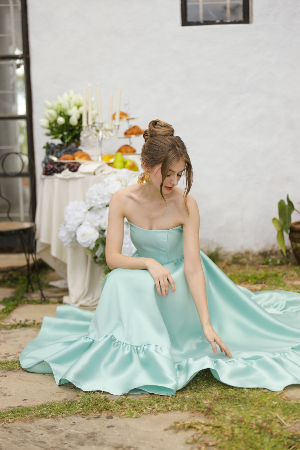 MADELEINE Strapless High Low Gown with Ruffle Hem (Sage Green Gazaar)