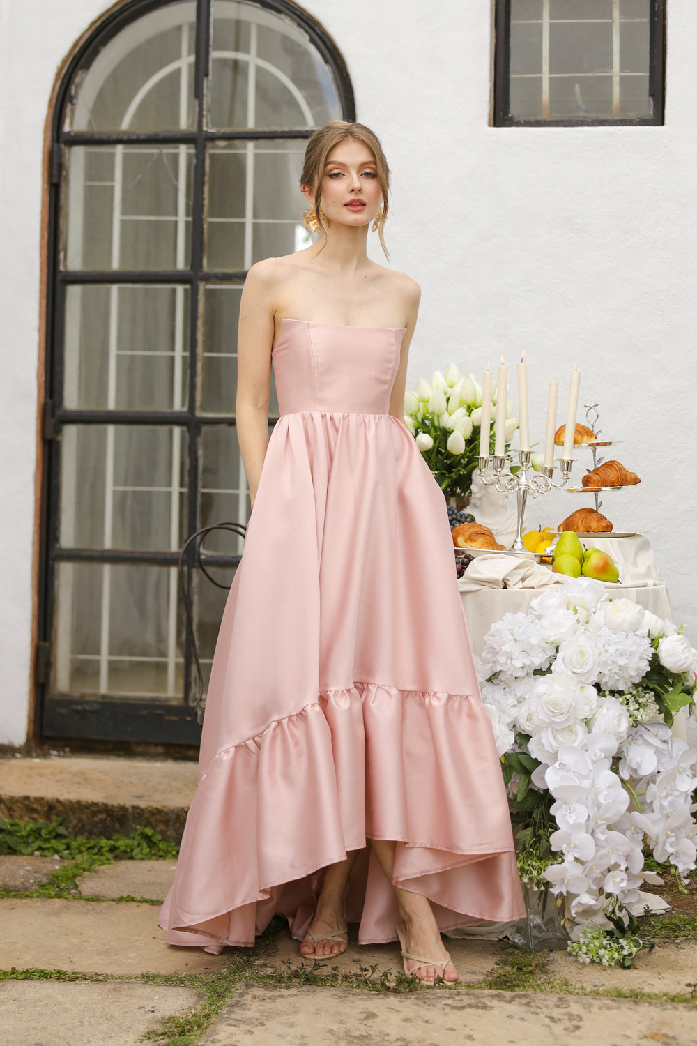 MADELEINE Strapless High Low Gown with Ruffle Hem (Blush Gazaar)