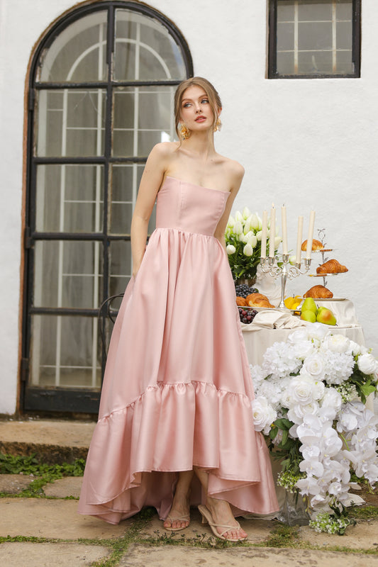 MADELEINE Strapless High Low Gown with Ruffle Hem (Blush Gazaar)