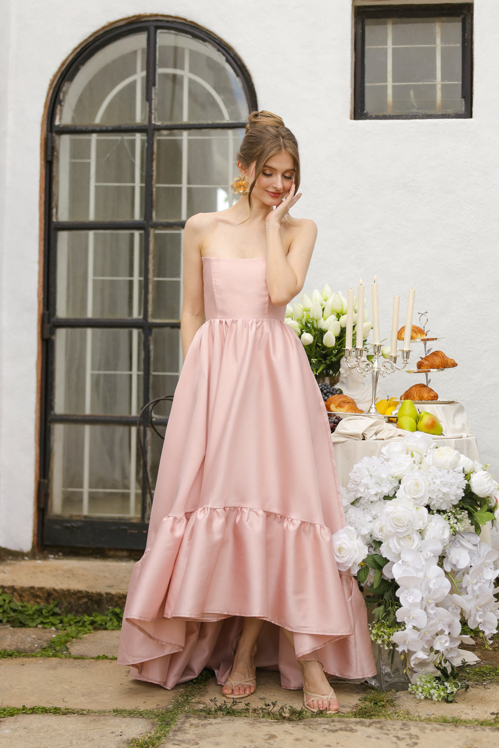 MADELEINE Strapless High Low Gown with Ruffle Hem (Blush Gazaar)