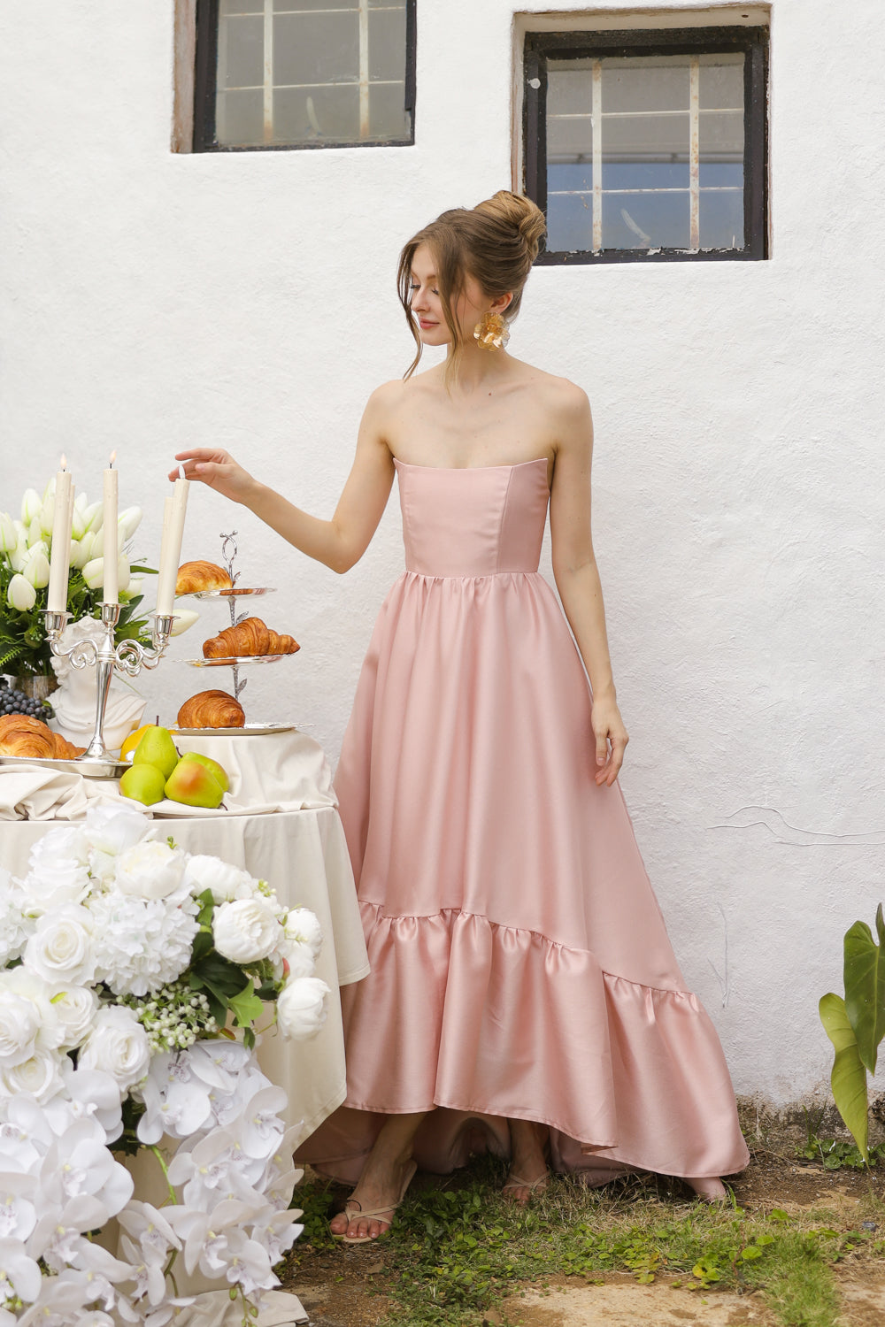 MADELEINE Strapless High Low Gown with Ruffle Hem (Blush Gazaar)